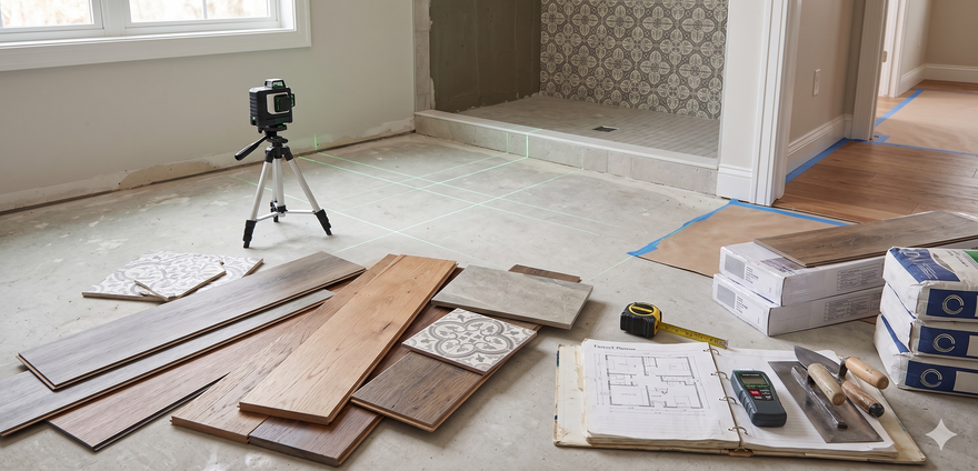 Renovation room with wood flooring tools, planks, tripod, and paint supplies scattered on the floor