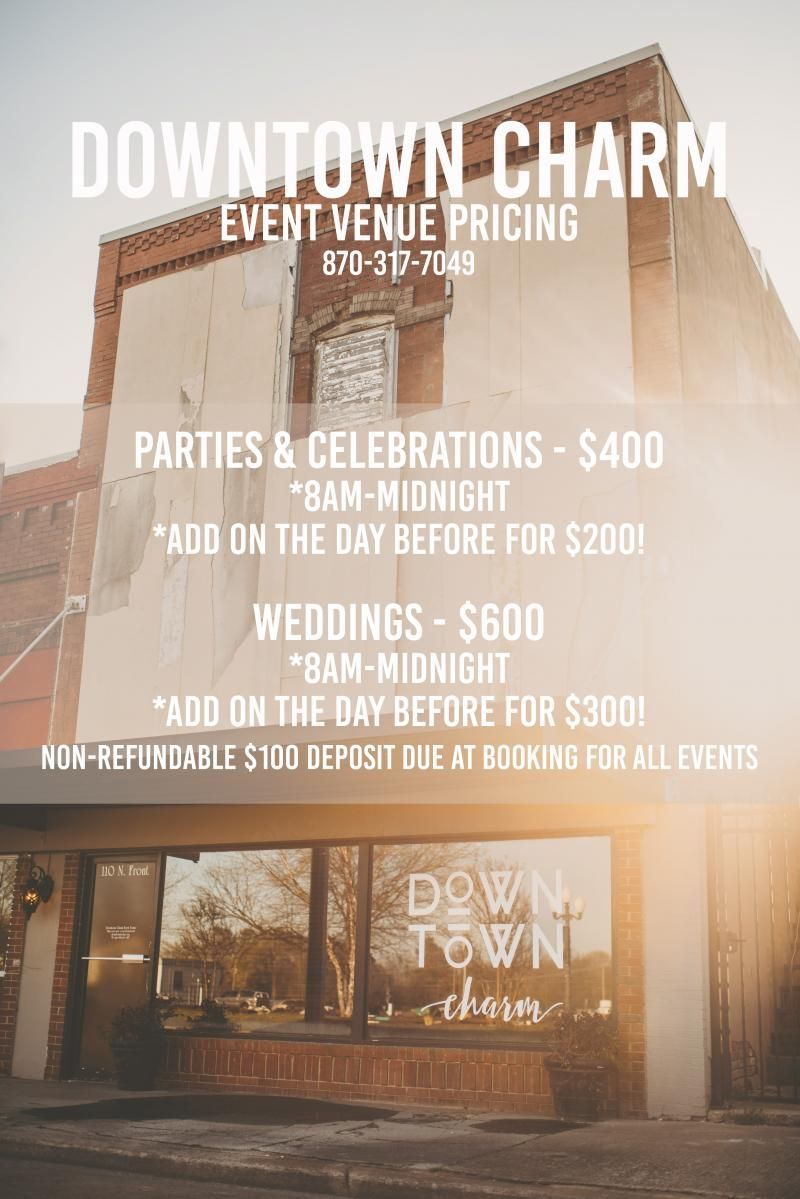 Downtown Charm event venue in a brick building with pricing for parties, celebrations, and weddings.