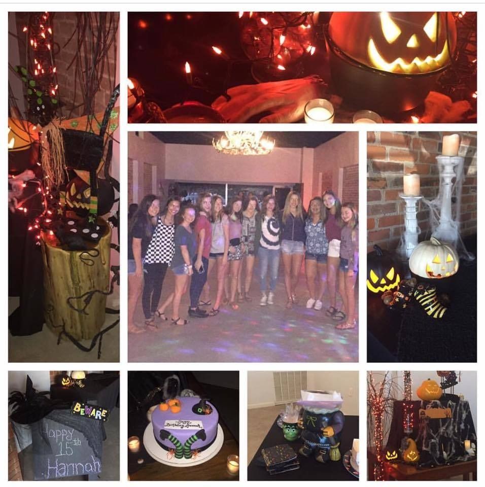 Halloween party collage with pumpkin decorations, candles, costumes, and a group of guests posing indoors