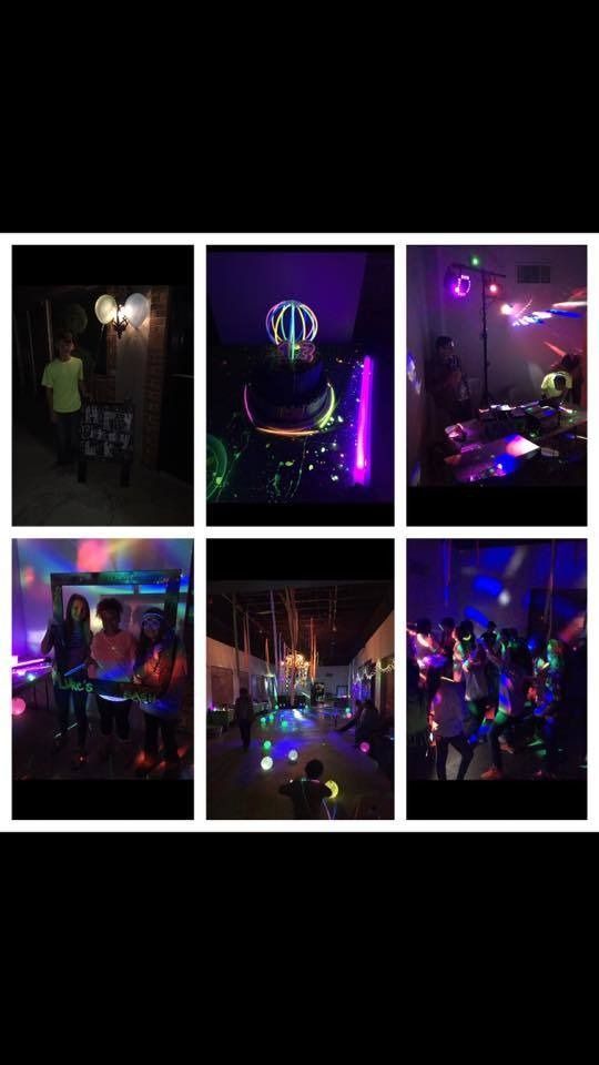 Collage of colorful neon-lit festival scenes at night with glowing decorations and people in a crowd