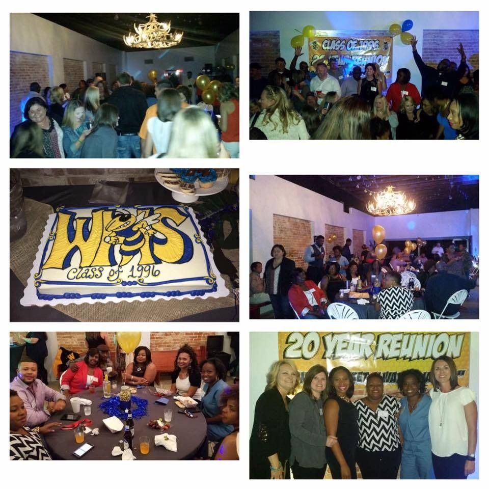 Collage of a lively reunion party with group photos, cake, and a “20 Years Reunion” banner