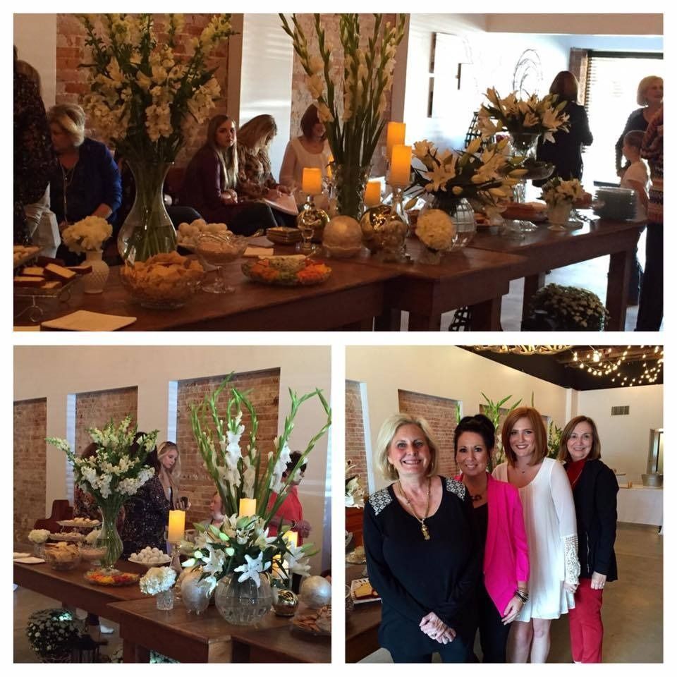 Decorated banquet table with floral centerpieces and candles, plus a group of four women posing indoors
