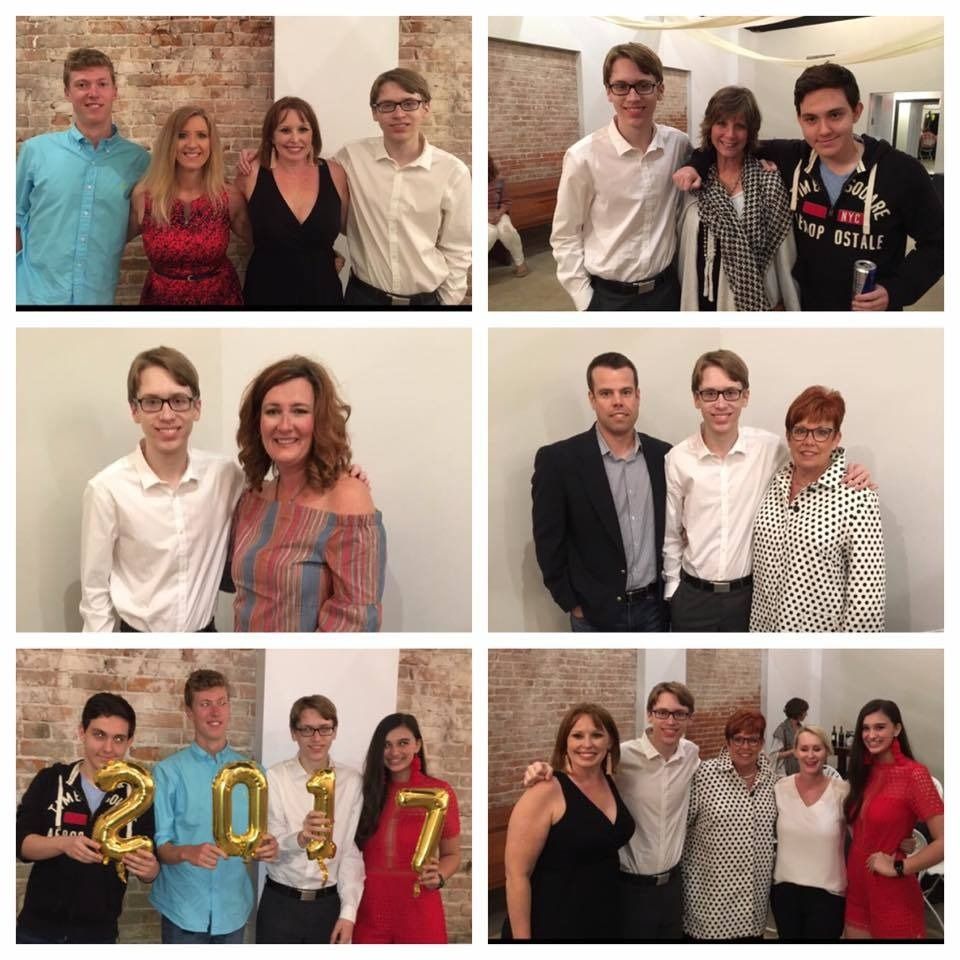 Collage of six indoor group photos of people posing and smiling at a celebration with balloons and props