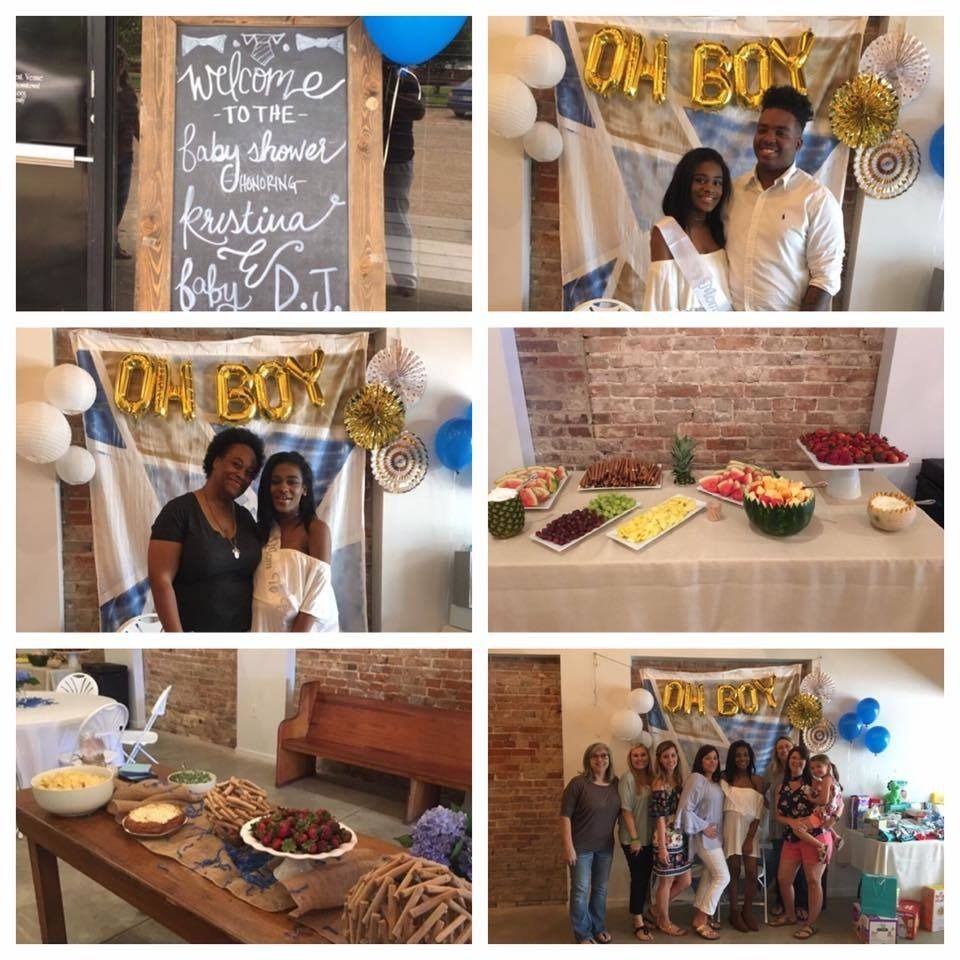 Birthday celebration collage with decorations, buffet table, cake, and group posing by “Oh boy” balloon banner