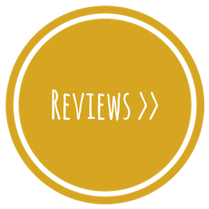 Yellow circular button with white border and the word “REVIEWS >>” in white text.