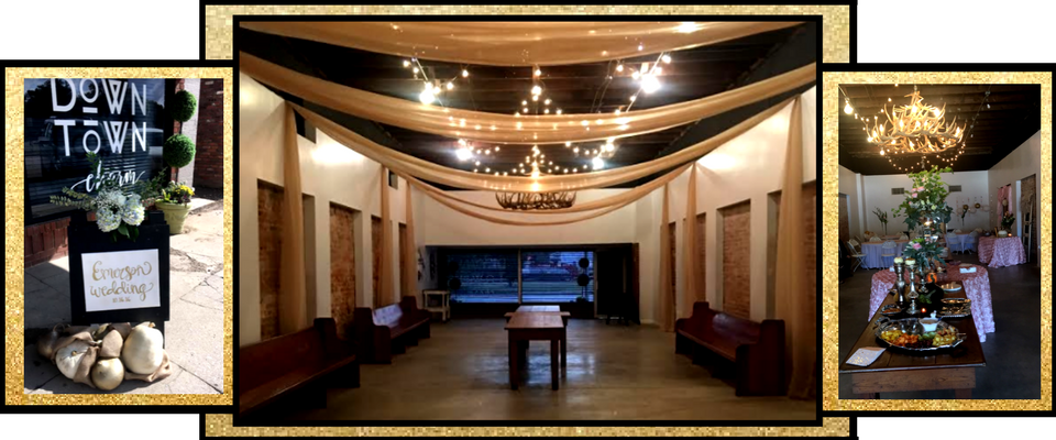 Collage of a decorated indoor event space with a “Downtown” sign and lit floral arrangement