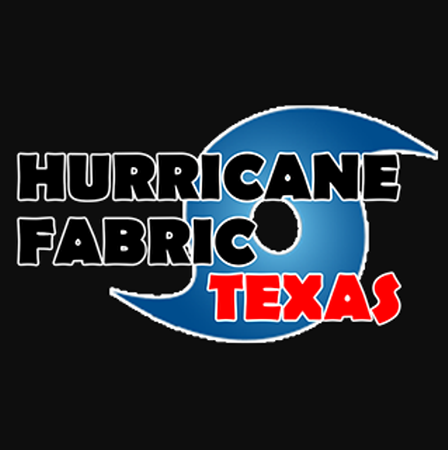 Logo for Hurricane Fabric Texas: Blue and white hurricane graphic with company name and Texas.
