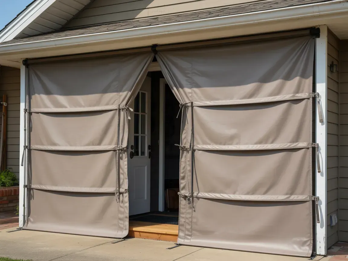 Tan outdoor curtains framing a doorway; attached to a porch; beige siding.