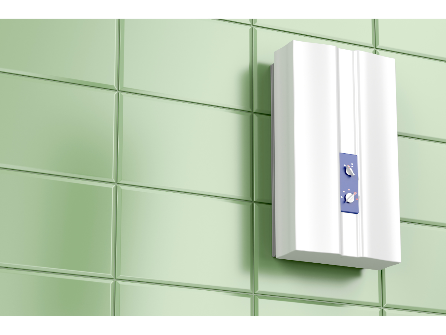 A white water heater is hanging on a green tiled wall.