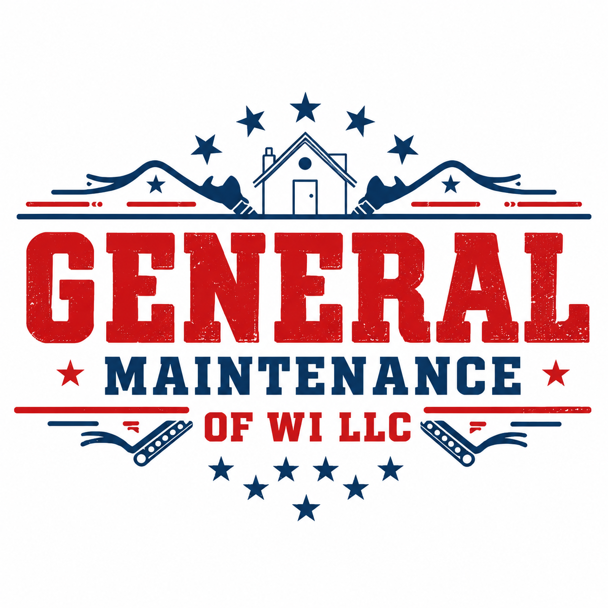 General Maintenance of WILLC logo with red and blue house, tools, and stars