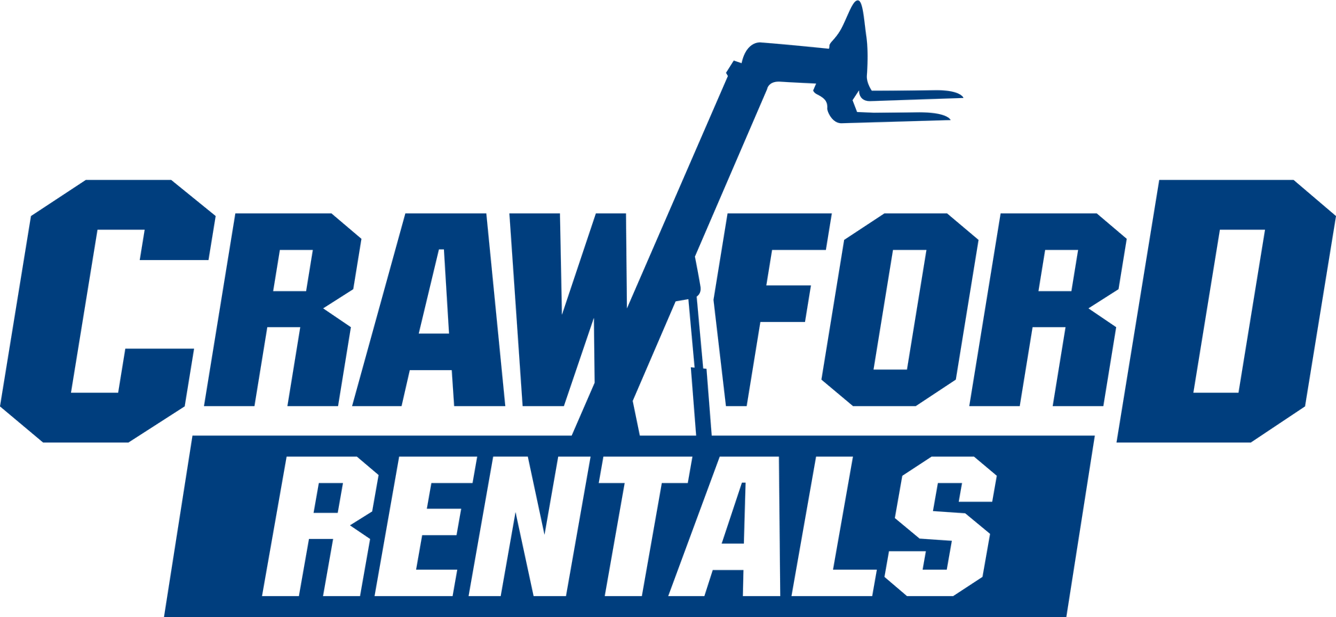 Crawford Rentals logo: Blue text, forklift graphic, white background.
