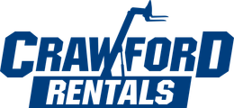 Crawford Rentals logo: Blue text, forklift graphic, white background.