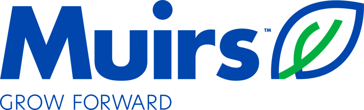 The Muirs logo with a blue font and a leaf symbol. Text: Grow Forward.