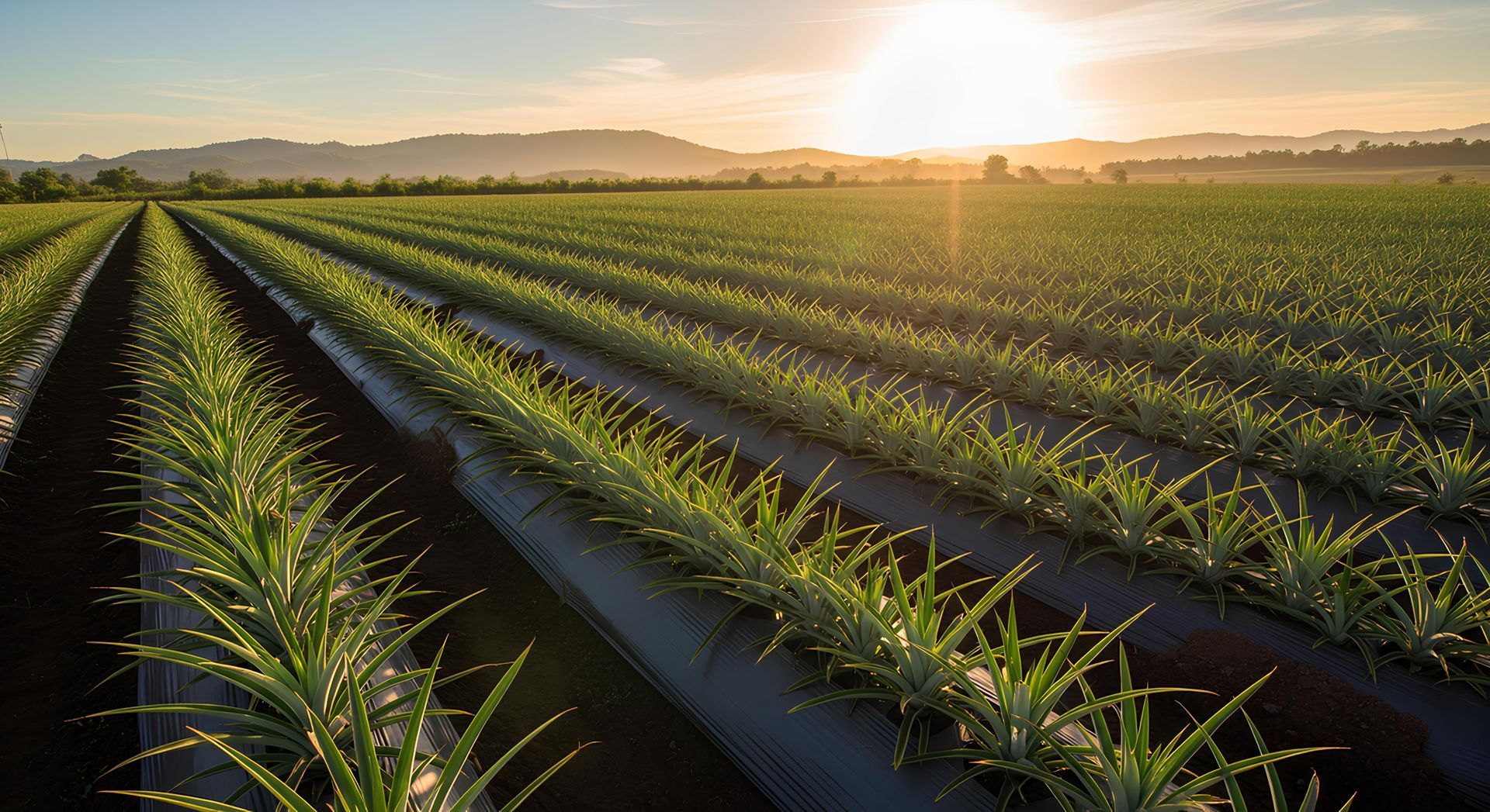 Rows of plants in a field, sun setting over a distant mountain range.