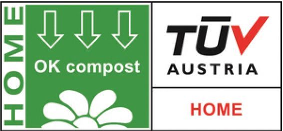 OK compost home certification logo, green and white, with a daisy, arrows, and the words