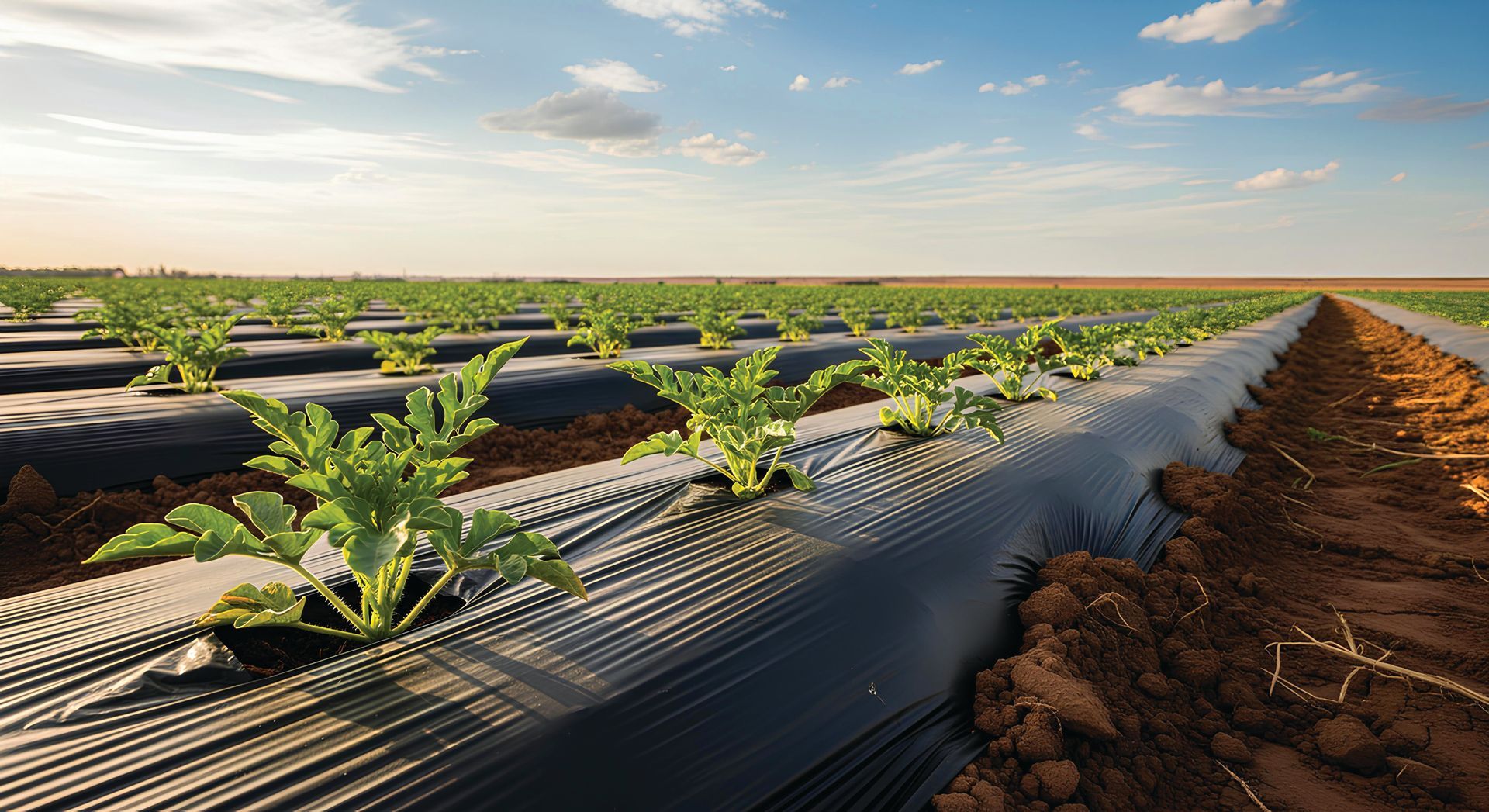 Rows of young plants growing through black plastic mulch in a field under a sunny sky.