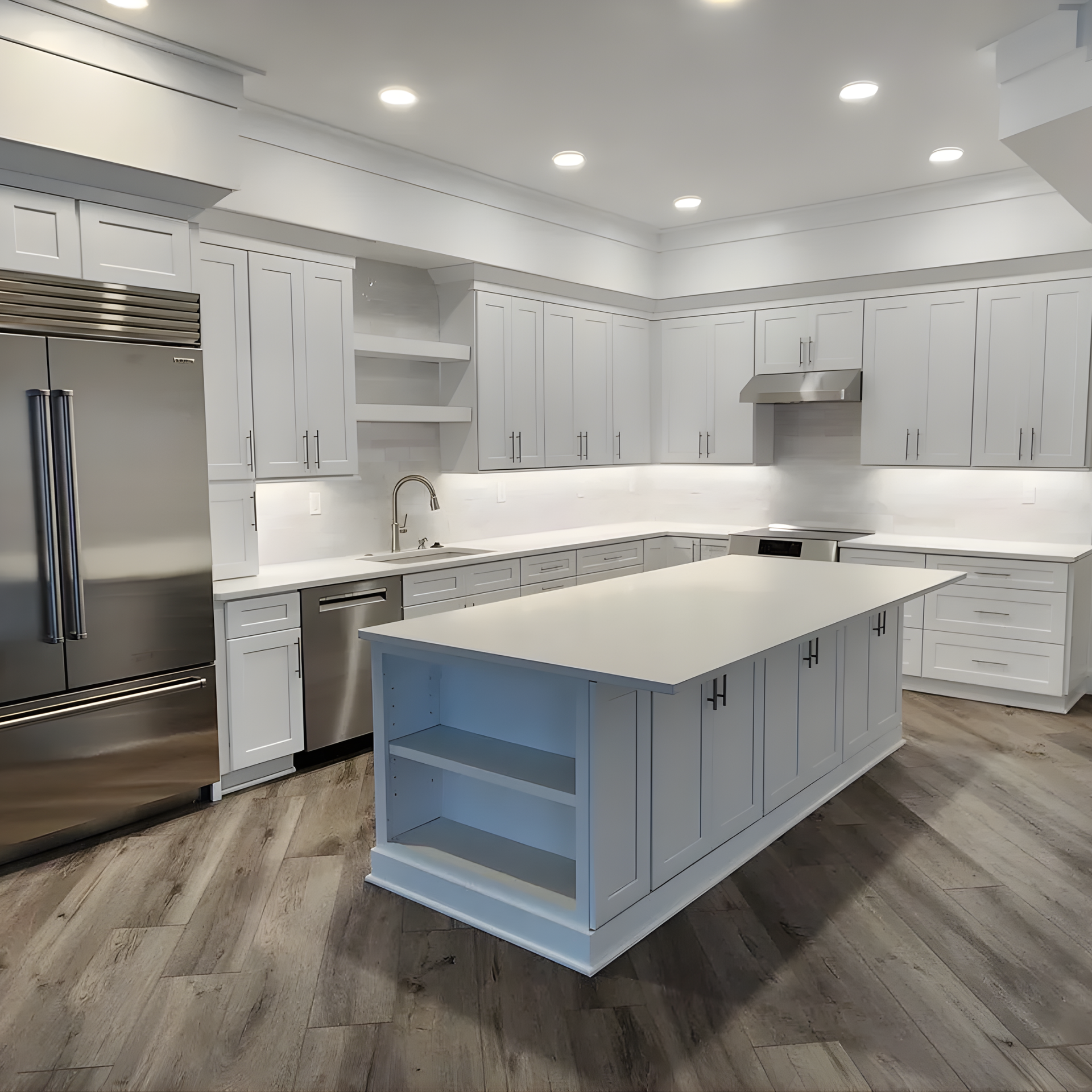 Kitchen with dark cabinets, white countertops, and bar seating.