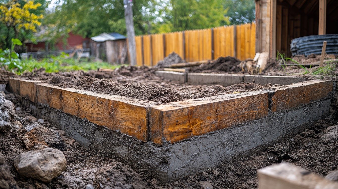 Wooden beams frame a concrete foundation amidst a construction site, with soil piles and a wooden fence in the background.