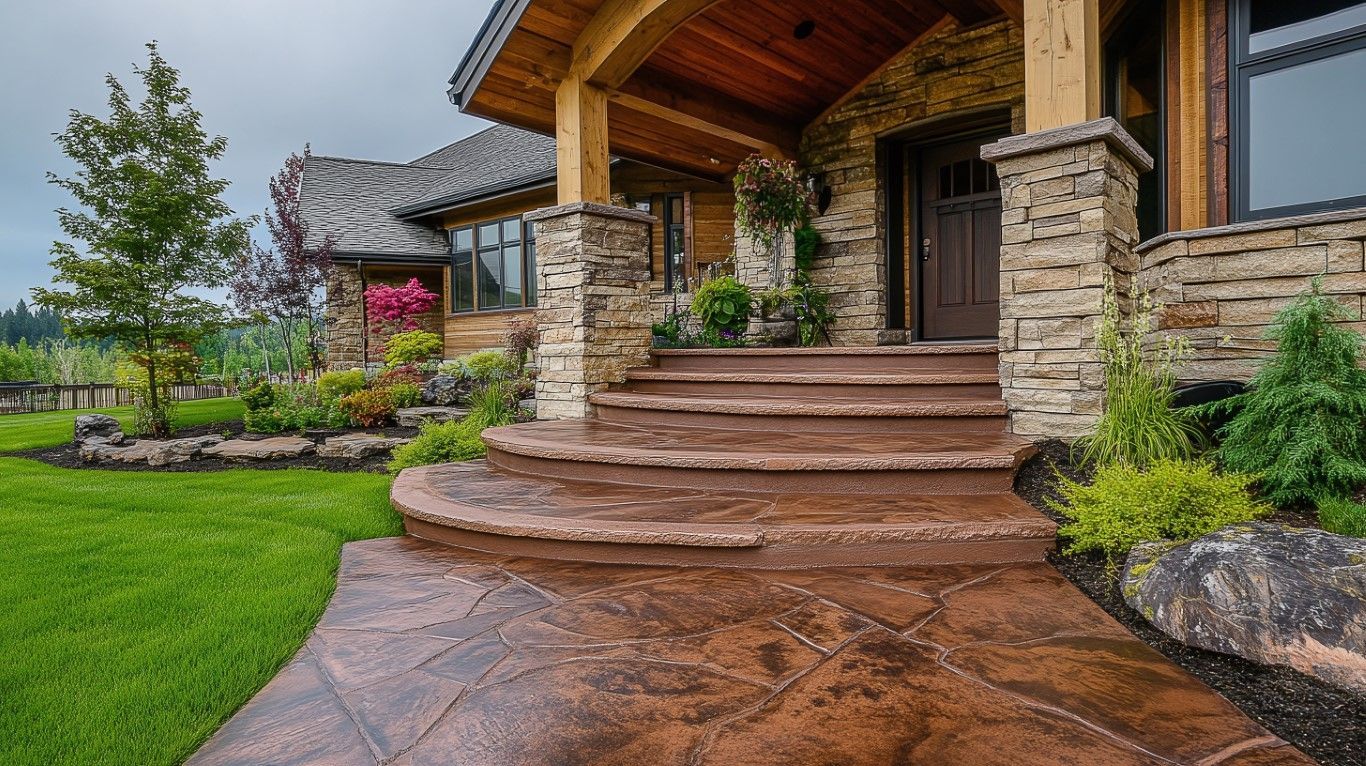 Spacious stone porch with curved steps leads to a wooden door, flanked by potted plants.