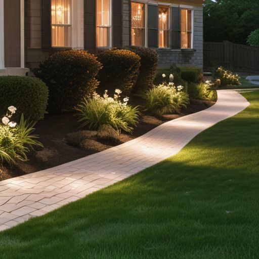 Front yard walkway with illuminating lighting showcasing the landscape
