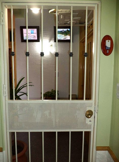 Puerta de seguridad blanca con barrotes metálicos y mosquitera; vista interior del pasillo y la decoración.