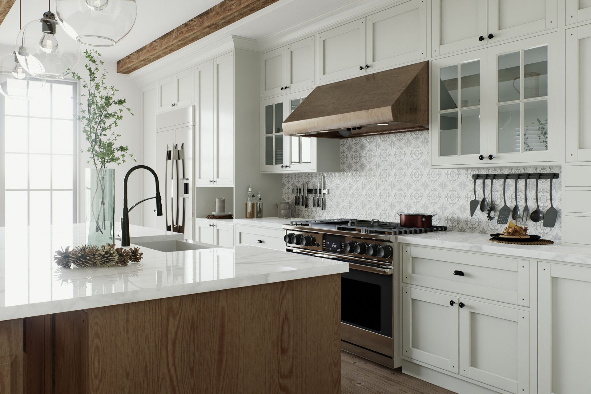 A kitchen with white cabinets , wooden counter tops , stainless steel appliances and a large island.