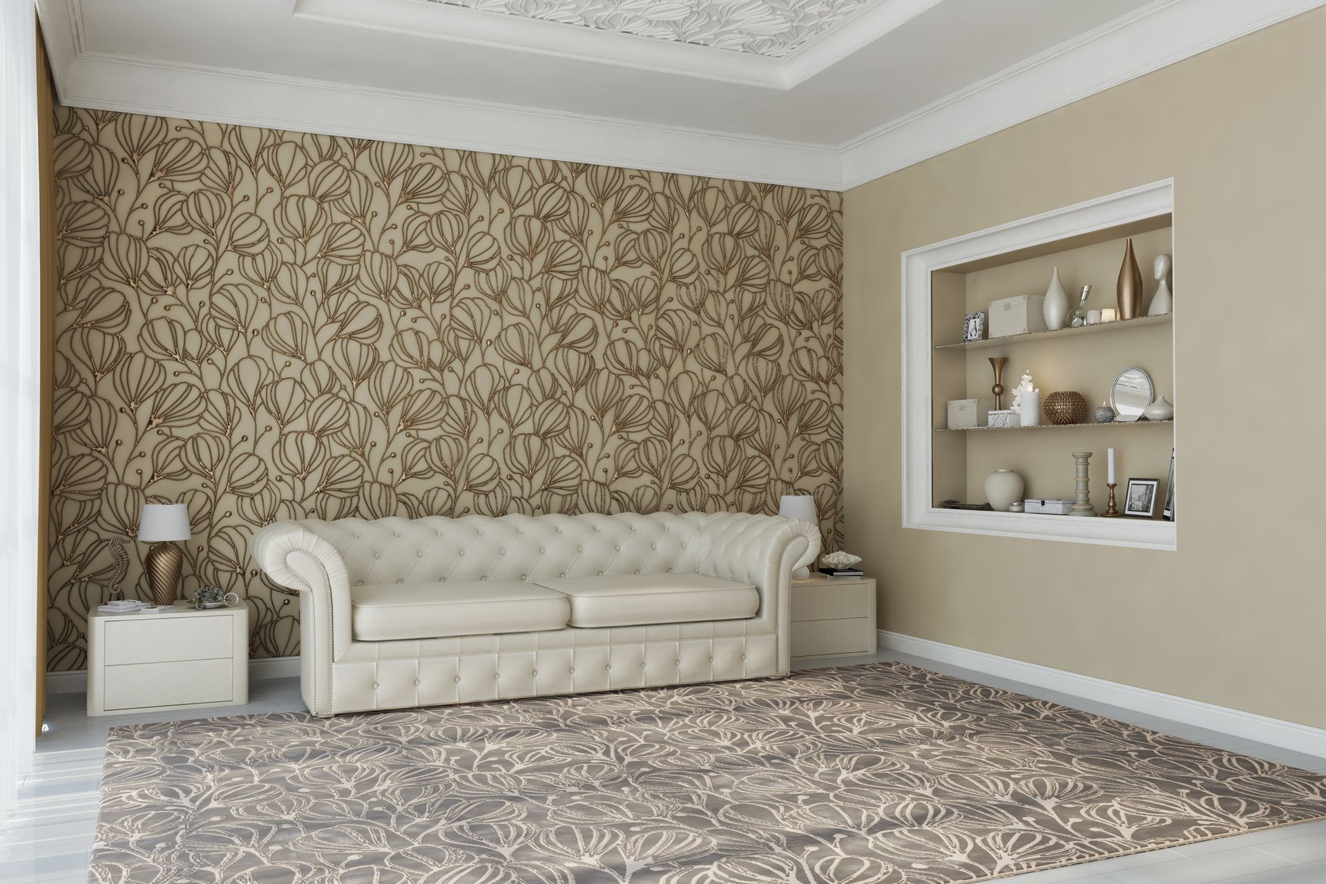 A living room with a white couch and a rug.