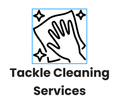 Hand wiping surface with cloth; cleaning services logo.