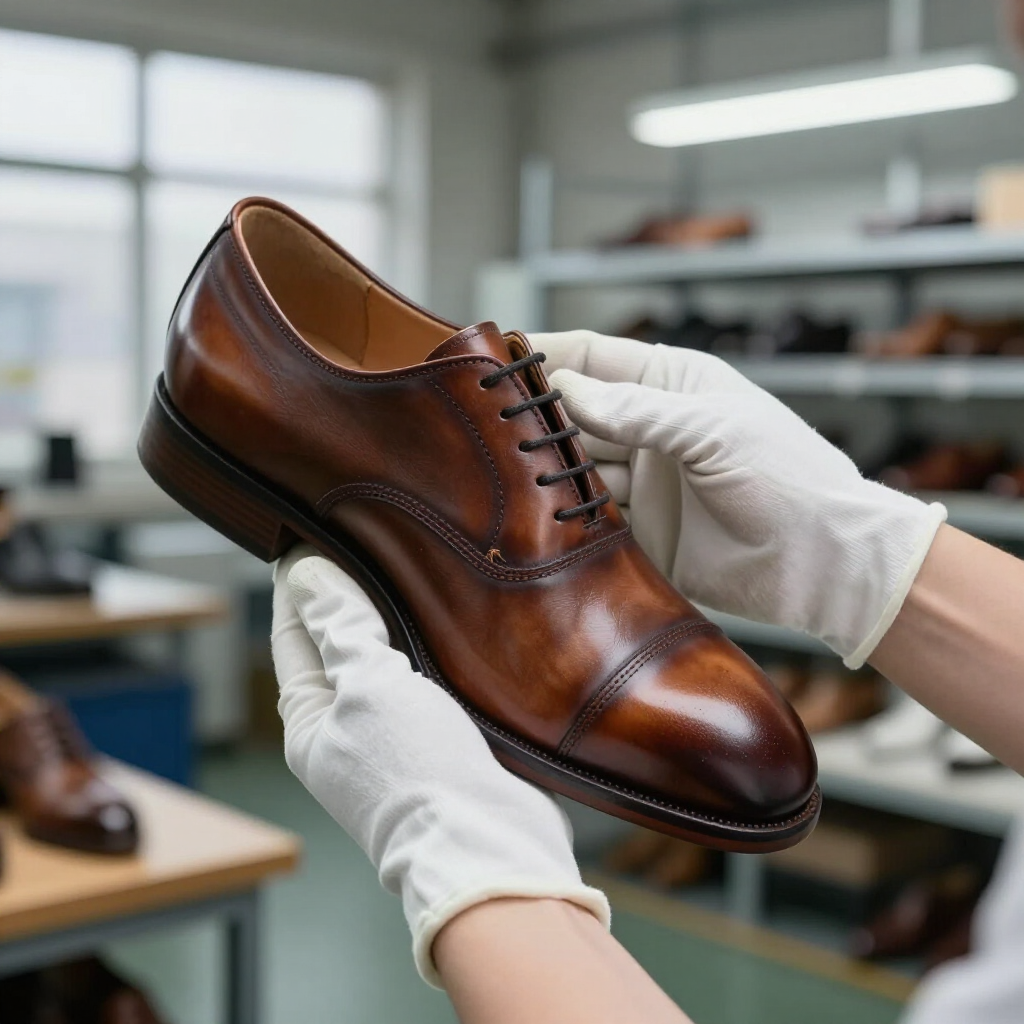 En un taller, un par de manos enguantadas sostienen un zapato de vestir de cuero marrón pulido.