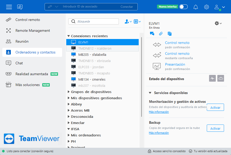 Una captura de pantalla de la aplicación TeamViewer.