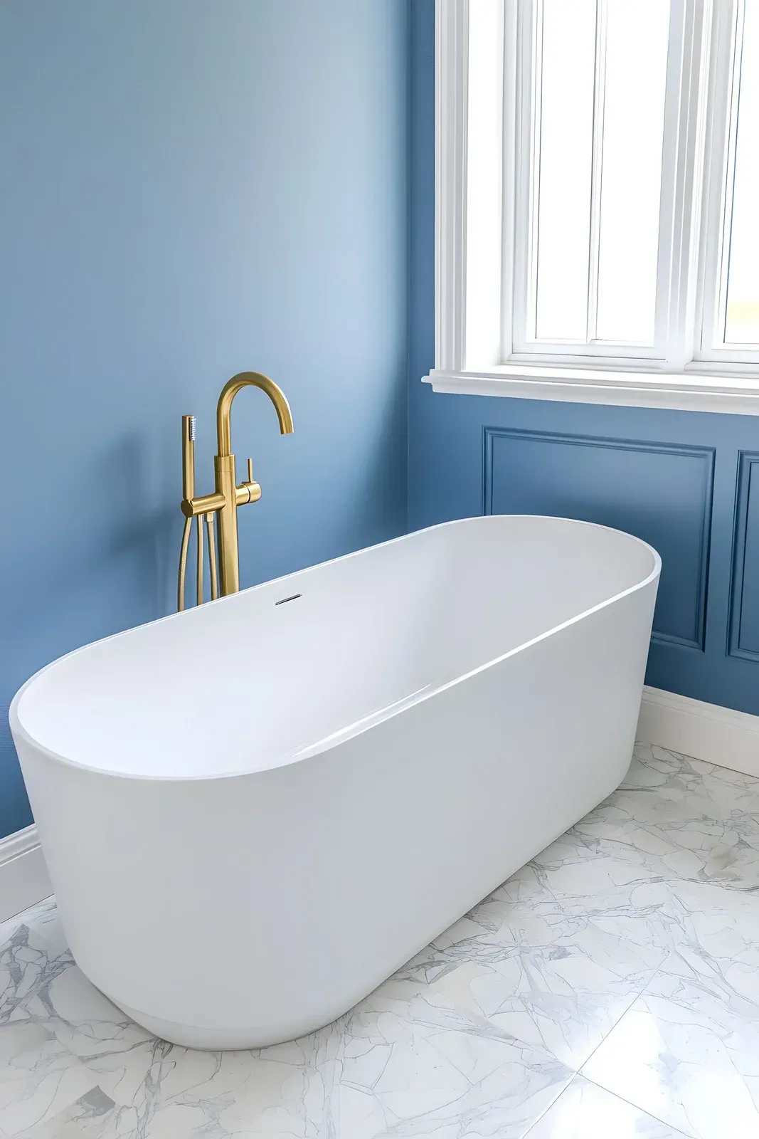 Oval white bathtub with gold faucet in a blue-walled bathroom with marble flooring.