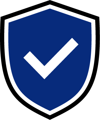 Blue shield with white checkmark, black border.
