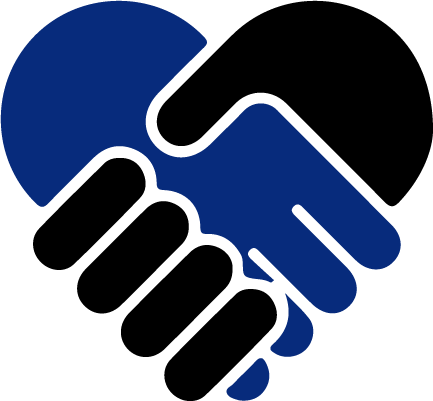 Two hands shaking, forming a blue heart.