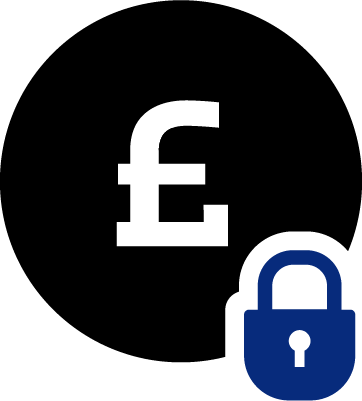 British pound symbol in a black circle with a blue padlock.