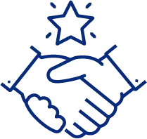 Two hands shaking with a star above. Dark blue outlines on a white background.