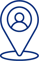 Blue location pin icon with person silhouette inside.