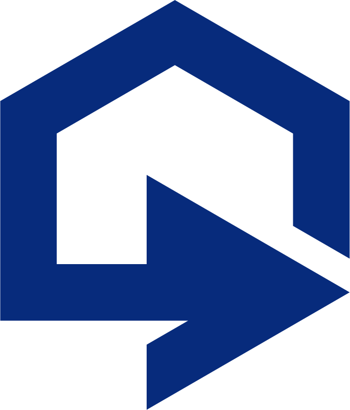Blue geometric logo with a house shape and an arrow pointing right.