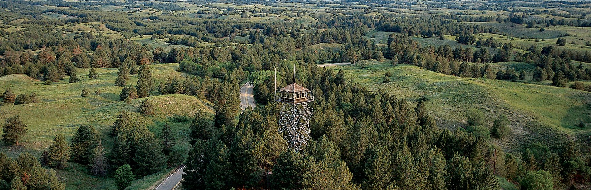 An aerial view of the Nebraska National Forest.