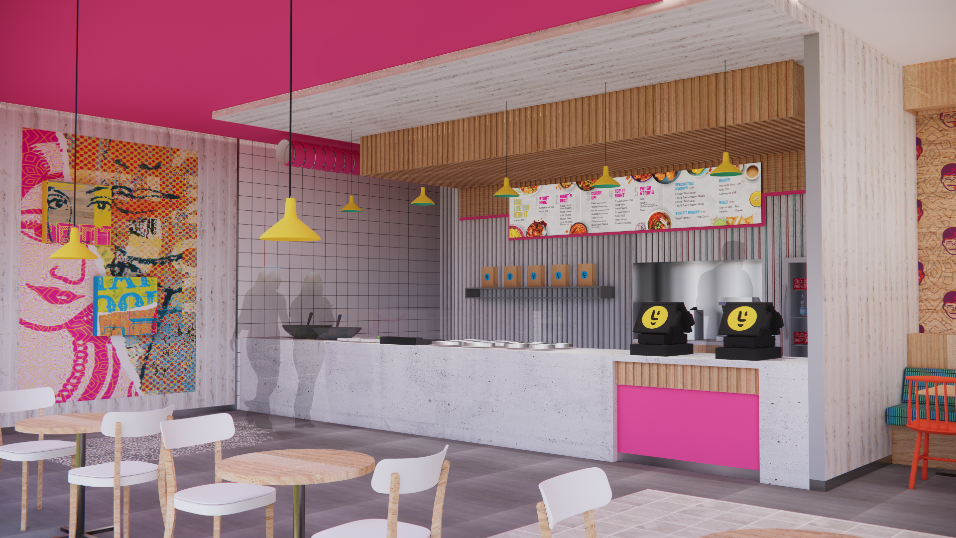 An artist 's impression of a restaurant with tables and chairs.