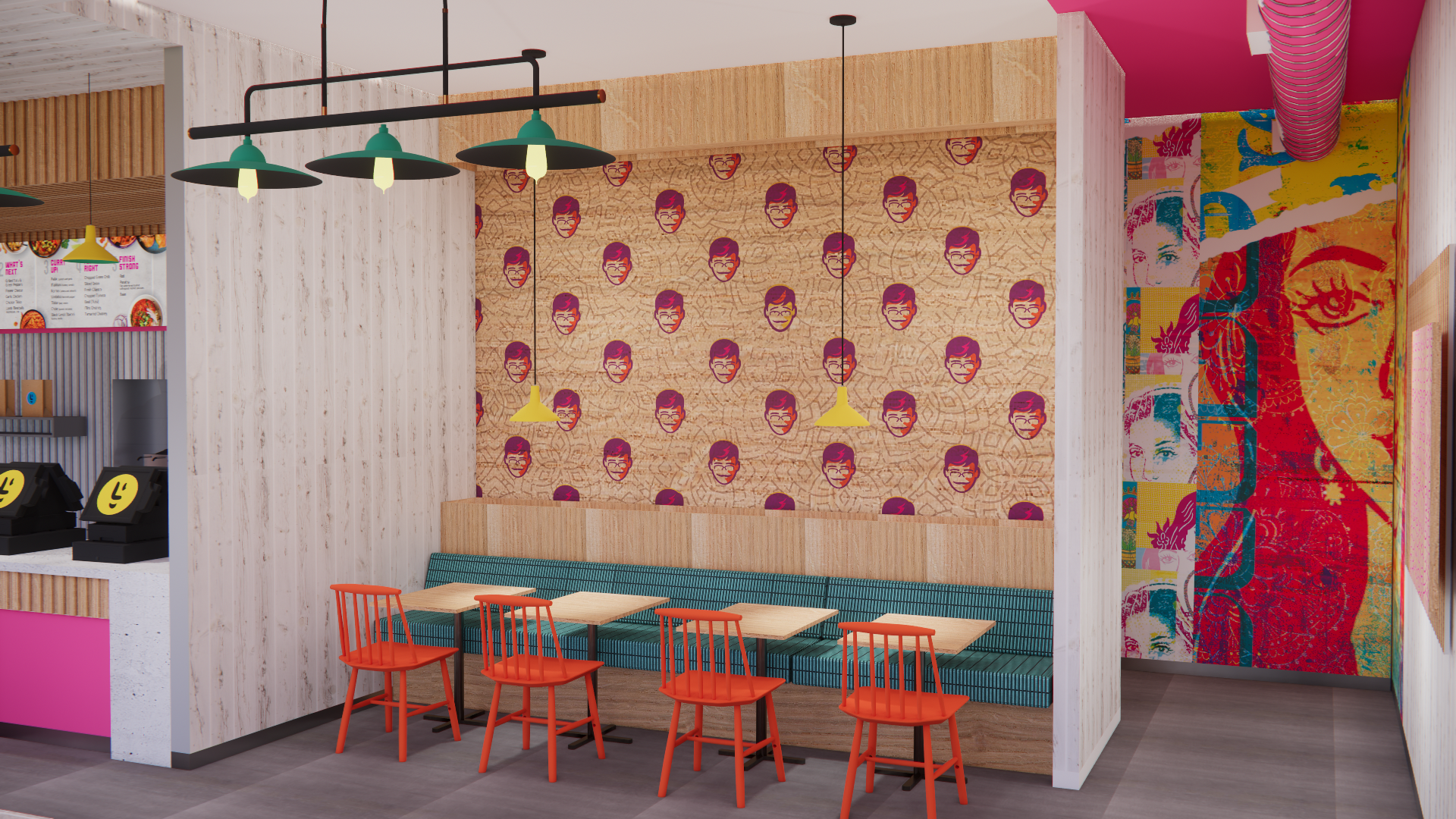 An artist 's impression of a restaurant with tables and chairs.