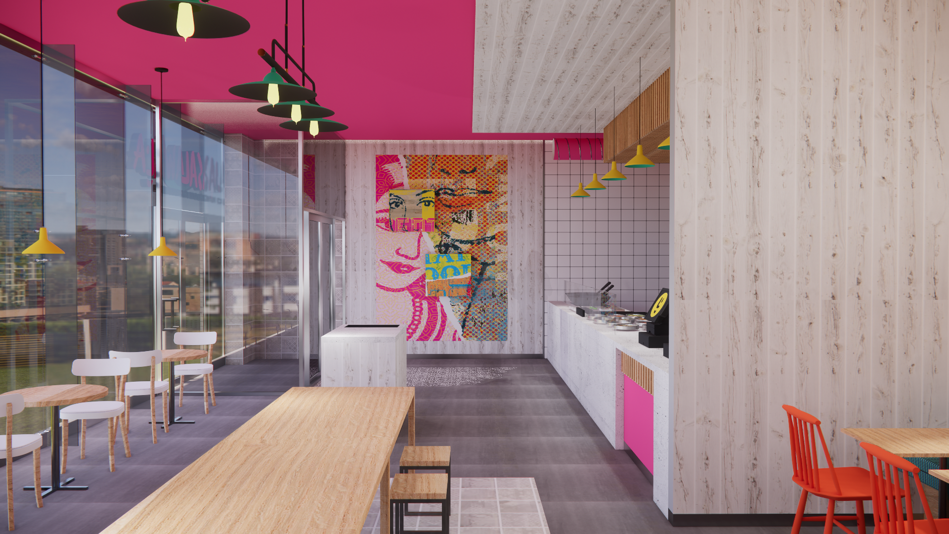 An artist 's impression of a restaurant with tables and chairs.
