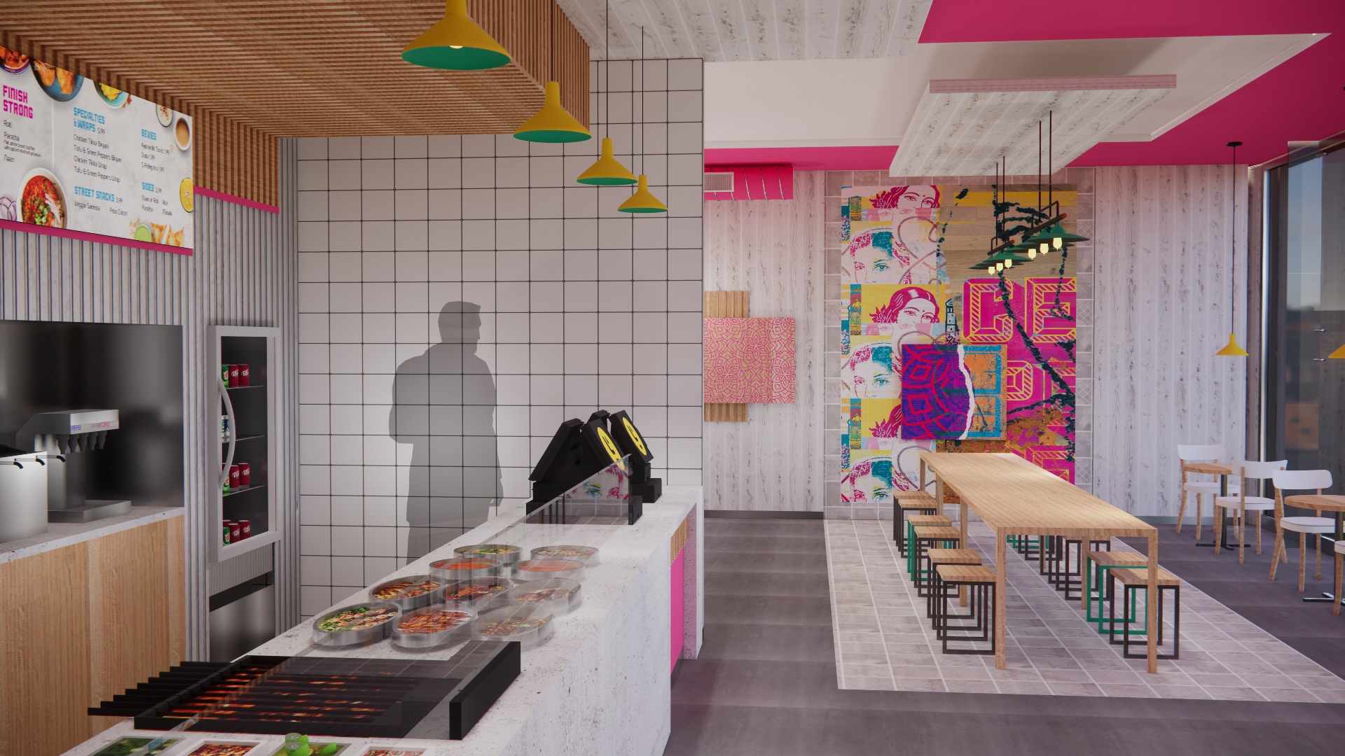 An artist 's impression of a restaurant with a long table and stools.
