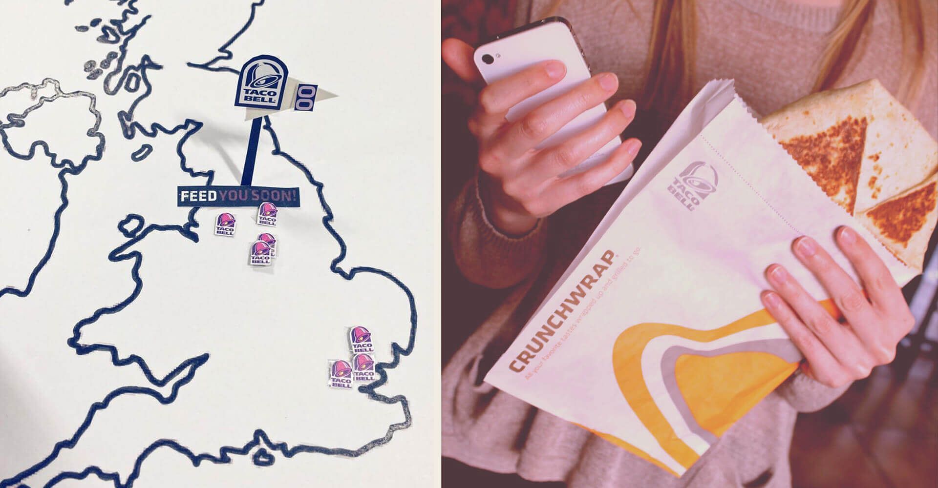 A woman is holding a crunchwrap next to a map of the uk.