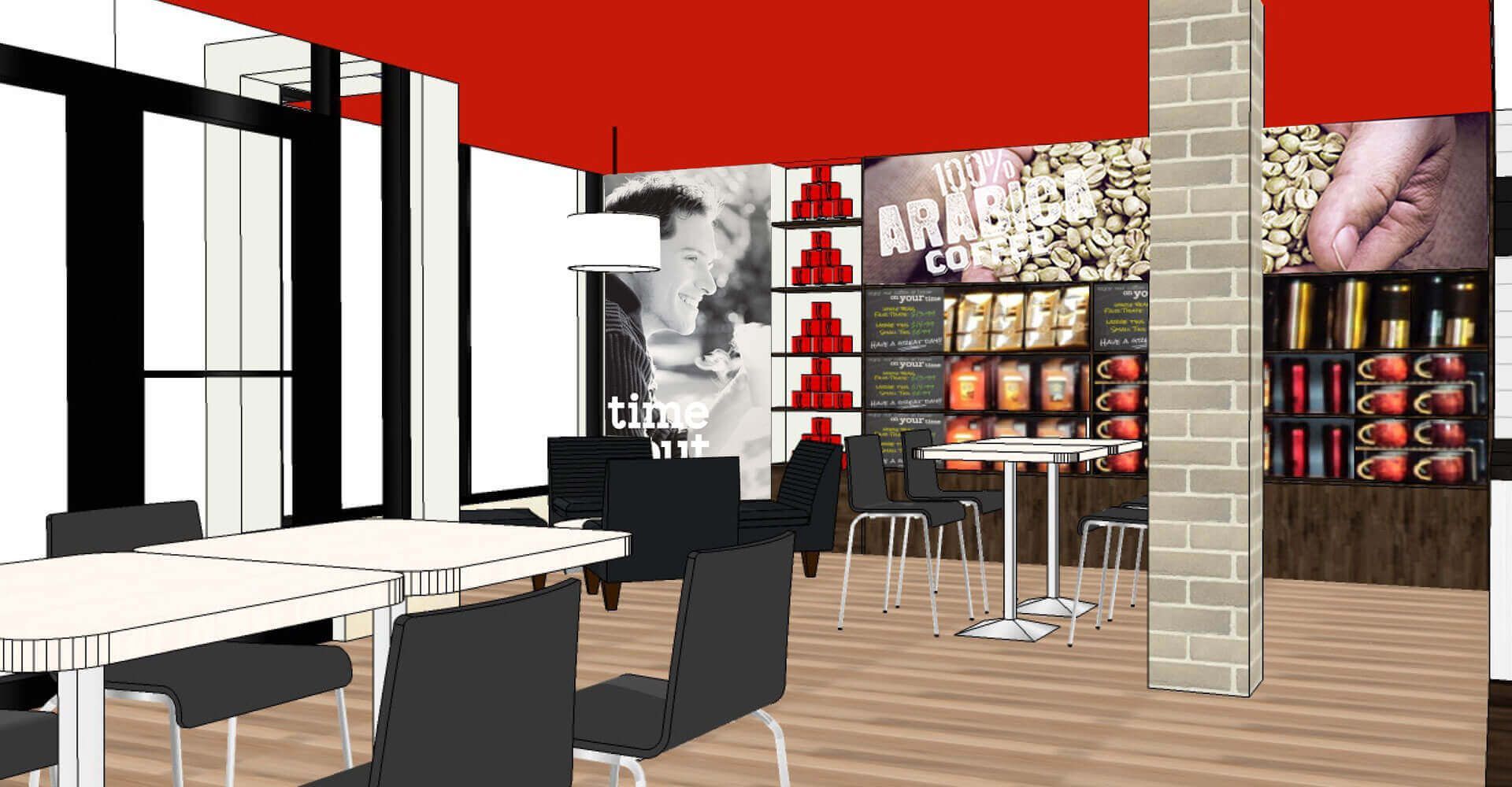 An artist 's impression of a restaurant with tables and chairs