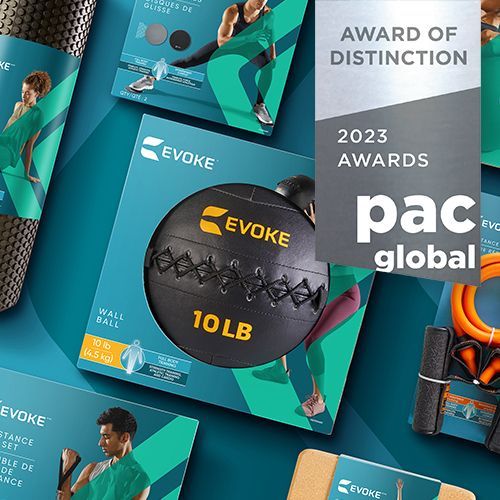 A bunch of evoke products are sitting on top of each other on a table.