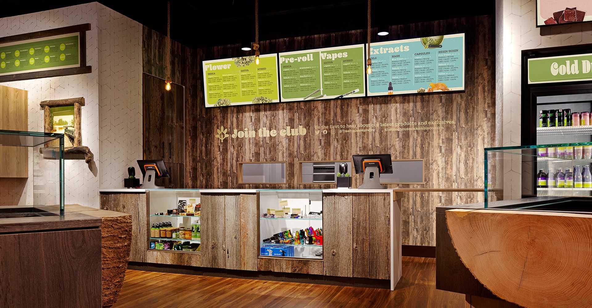 An artist 's impression of a restaurant with a wooden counter and a refrigerator.