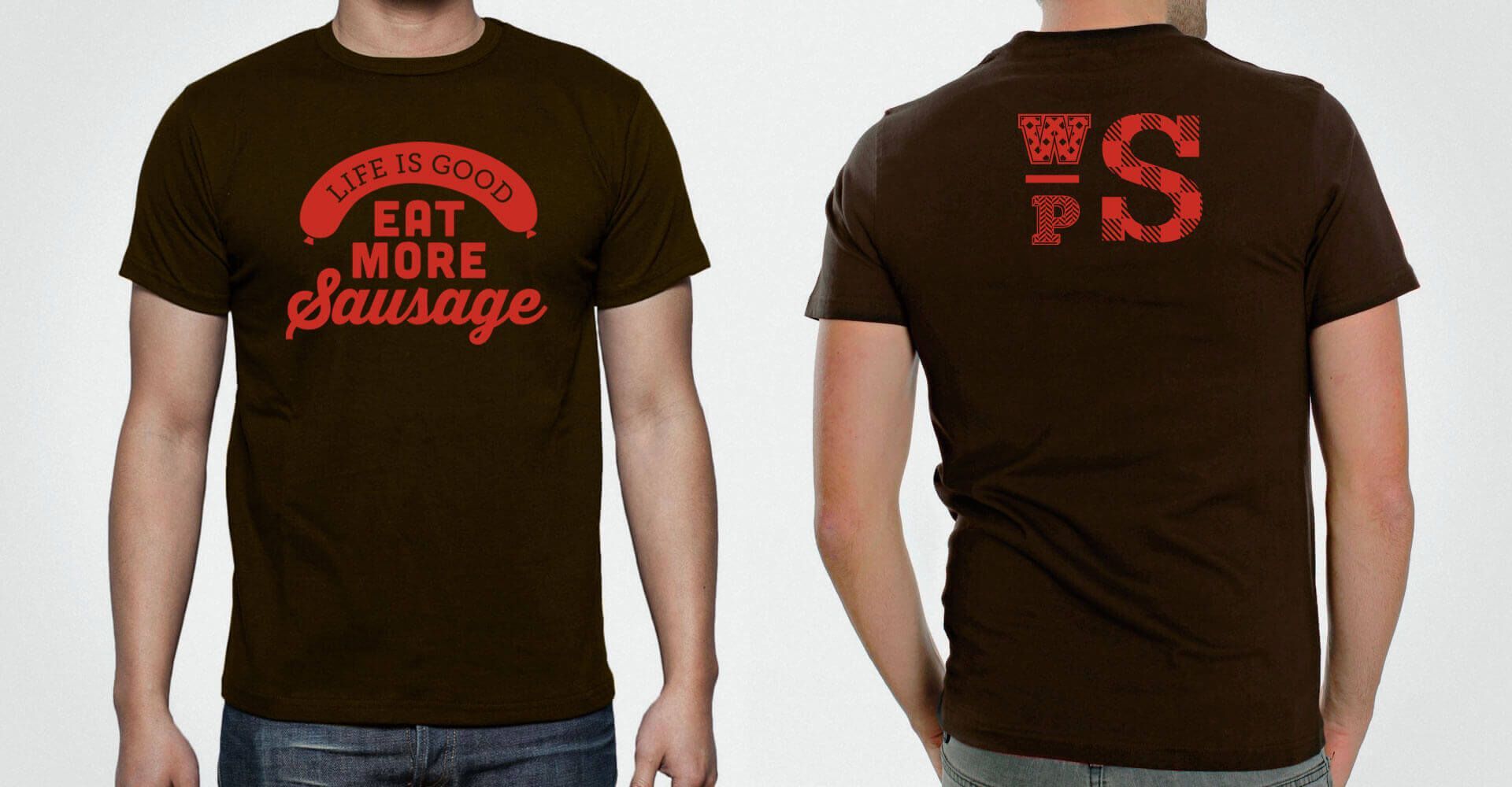 A man is wearing a t-shirt that says eat more sausage
