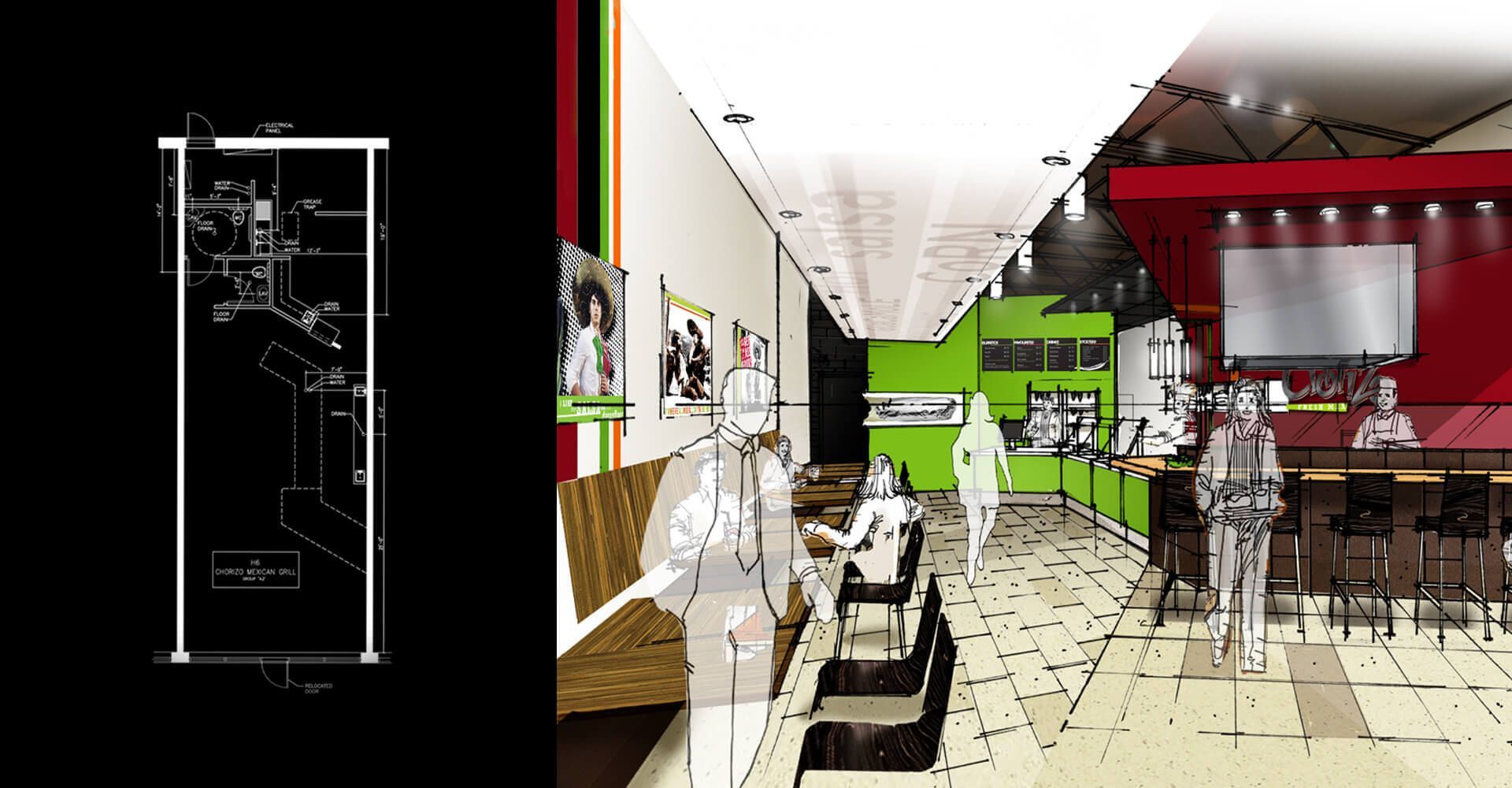 An artist 's impression of a restaurant with a black background