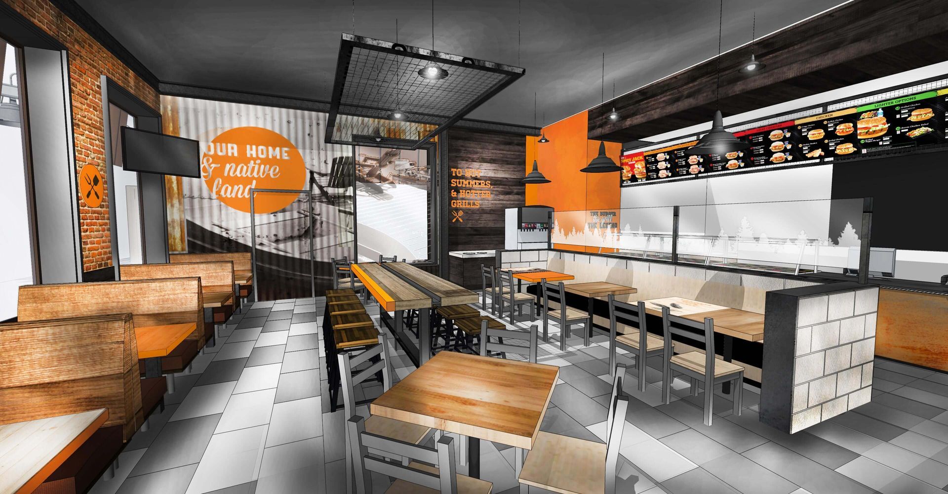 An artist 's impression of a restaurant with tables and chairs.