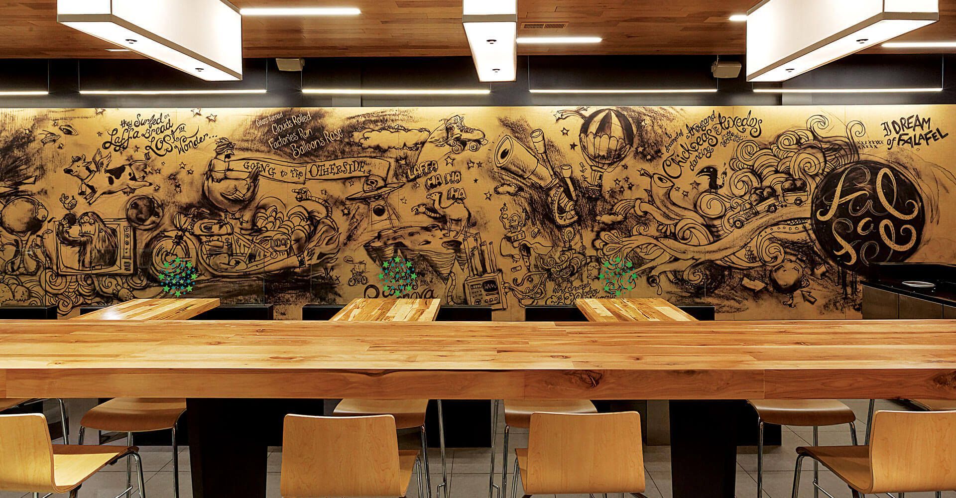 A long wooden table and chairs in a room with a mural on the wall.